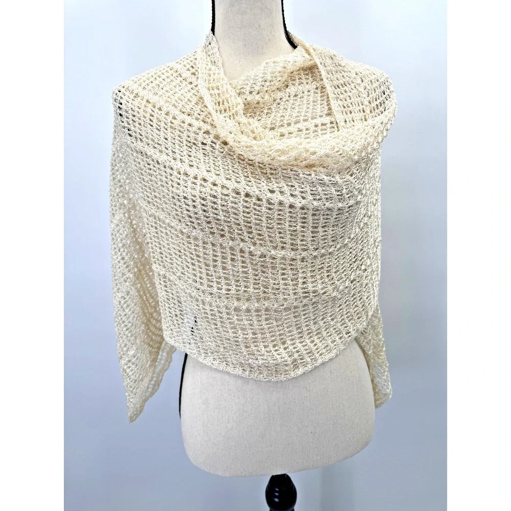 Vintage Hand Knit Open Crochet Scarf Shawl Wrap Ivory Cottage 17x80
